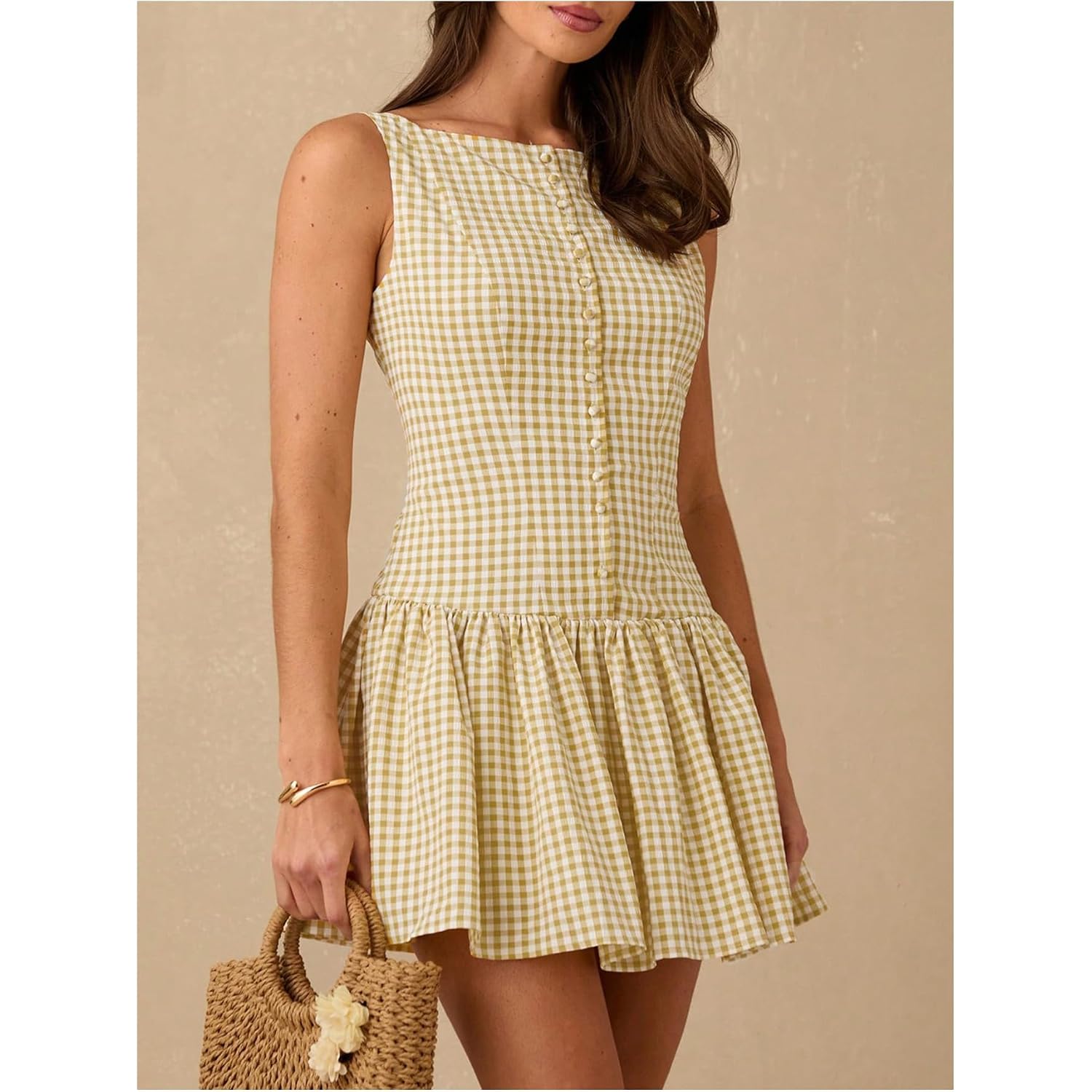 Oyoangle Women'S Gingham Sleeveless Ruffle Short Mini Dress Open Back Button Front Y2K Plaid Dresses