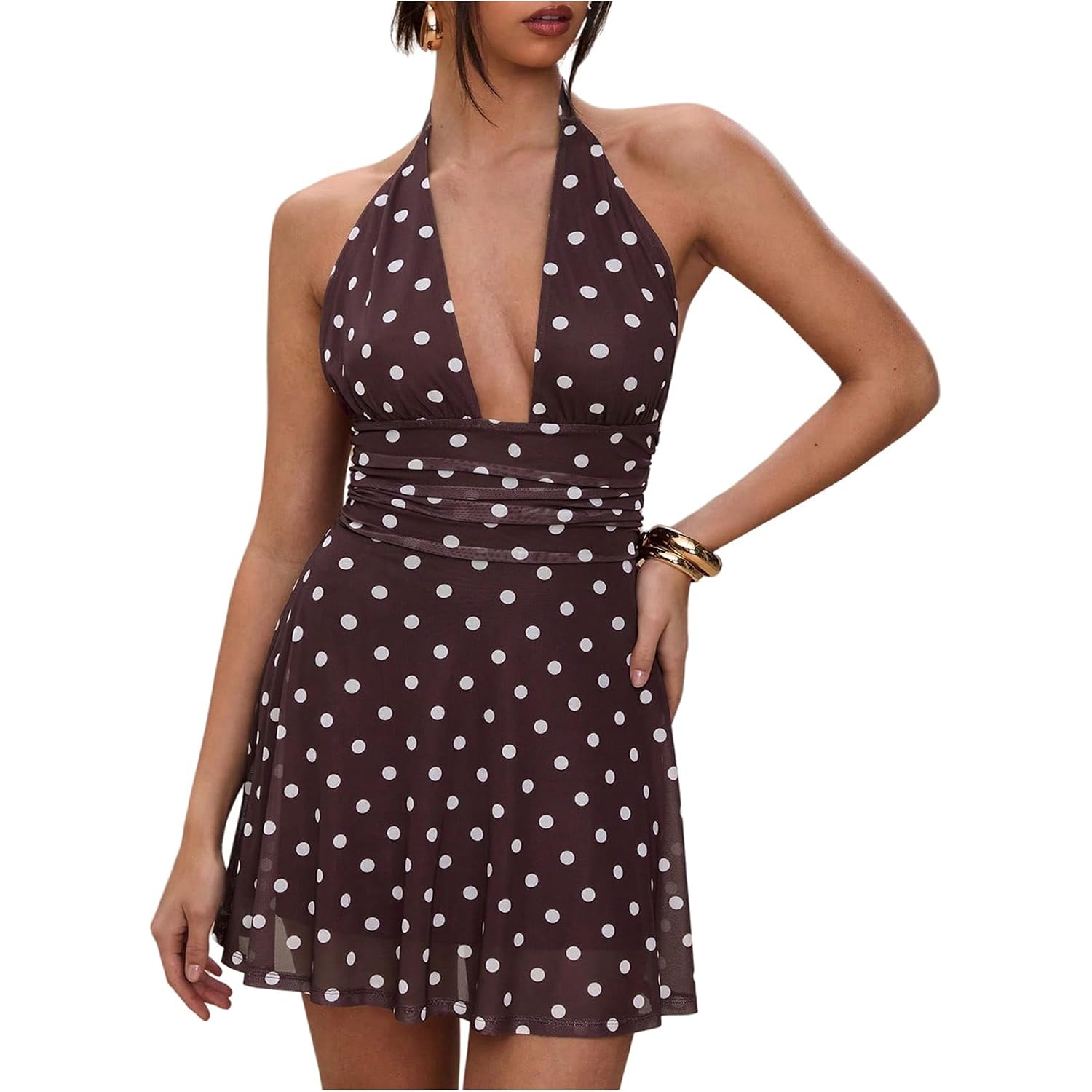 Milumia Women'S Polka Dots Ruched Backless Halter Mini Dress Sexy Deep V Neck A Line Short Dresses