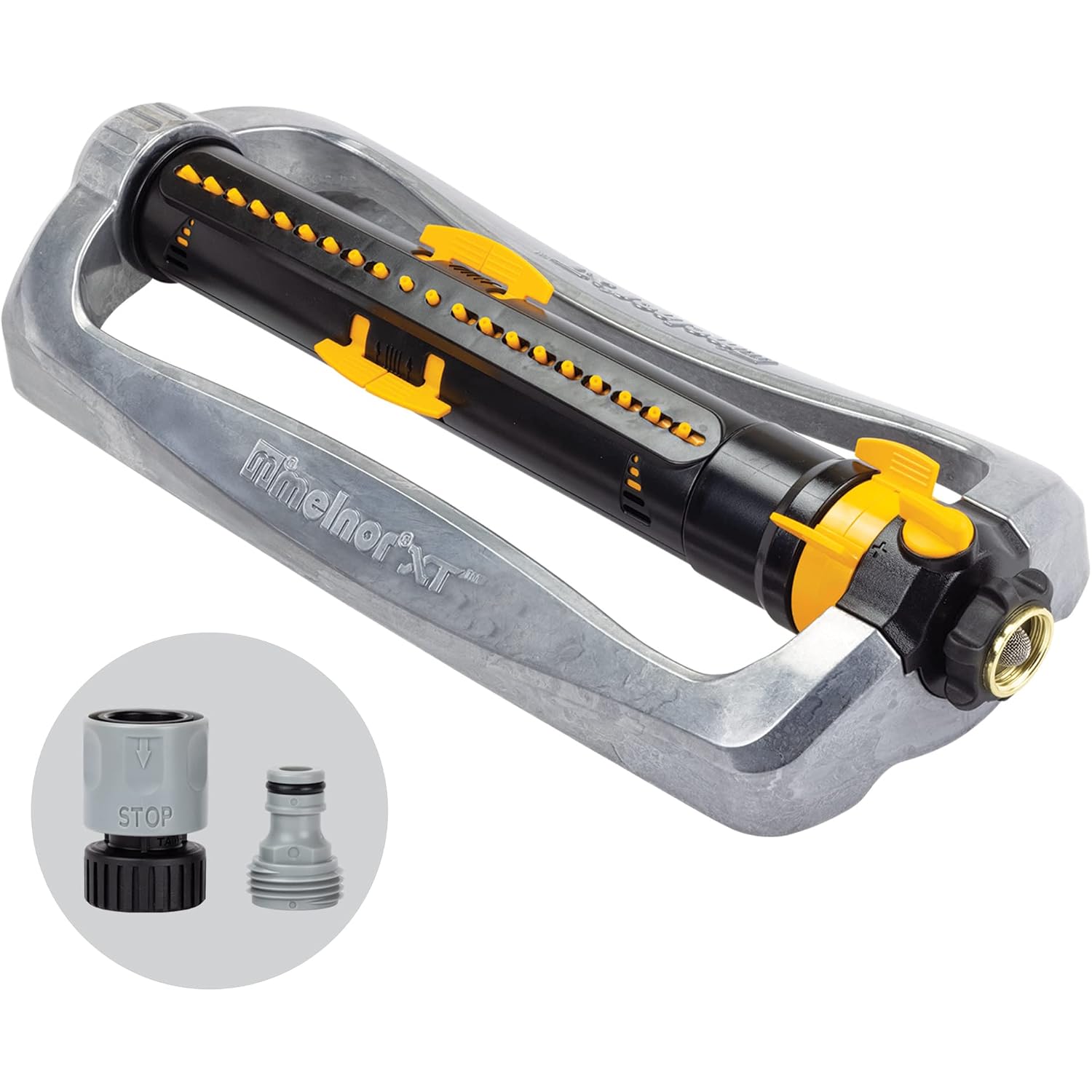 Melnor 65154Amz Xt Turbo Oscillating Sprinkler, Metal Base, 4,500 Sq. Ft., Quick Connect Bundle, 3-Way Adjustable, Black, Yellow
