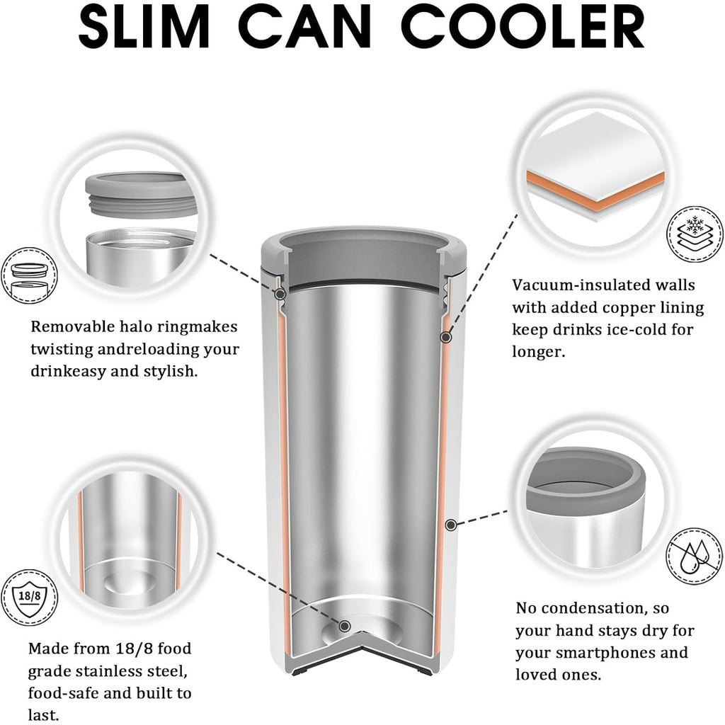 Skinny Can Cooler, Stainless Steel Insulated Slim Cans, 12 Oz | Beer & Hard Seltzer, Doucle-Walled Stainless Steel Insulated Slim Cans, Slim 12 Oz(Glitter Blush)