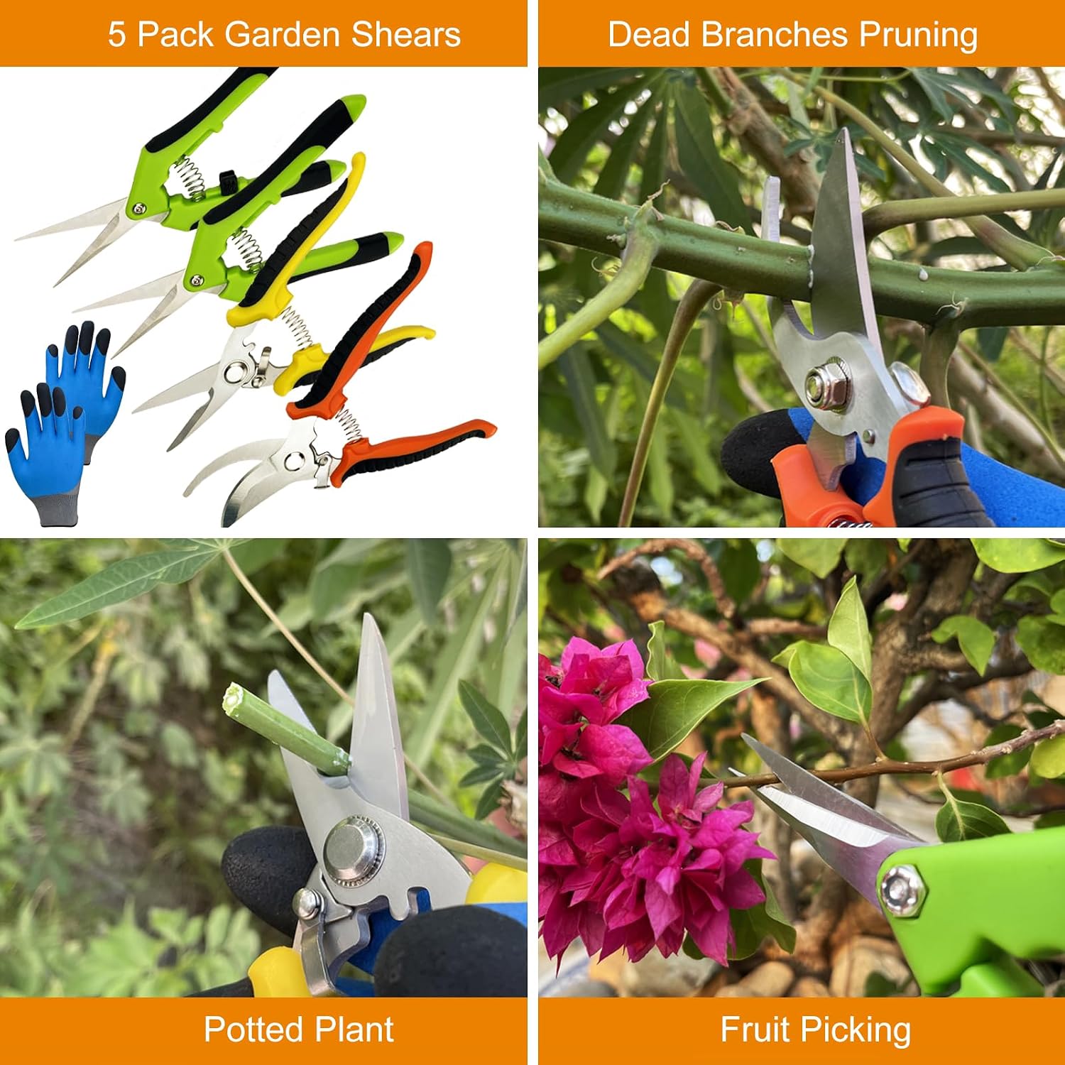 Pruning Shears, 5 Pack Garden Shears With Gardening Gloves, Clippers Handheld, Stainless Steel Garden Snips, Lengnoyp Pruners For Gardening
