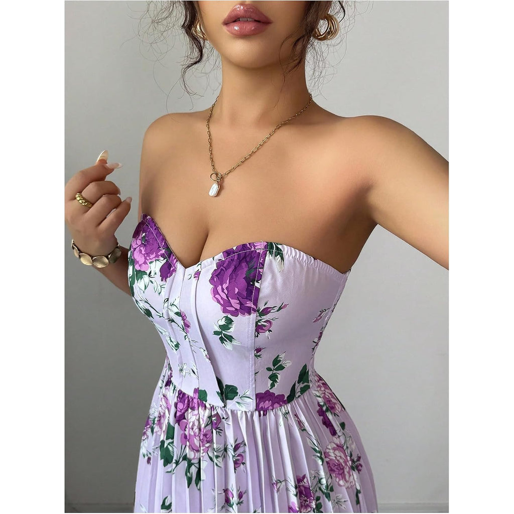 Oyoangle Women'S Summer Floral Wedding Guest Dress Jacquard Tube Sleeveless Pleated A Line Cocktail Party Prom Dress