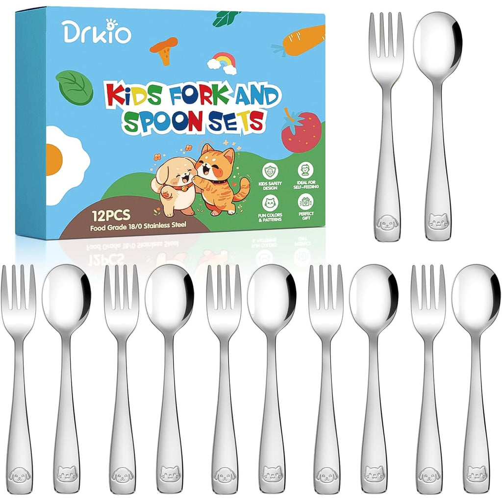 DRKIO Stainless Steel Toddler Utensils Set - 12 Pieces Kids Silverware Set Children Safe Food Grade Small Forks and Spoons Dishwasher Safe Mirror Polished