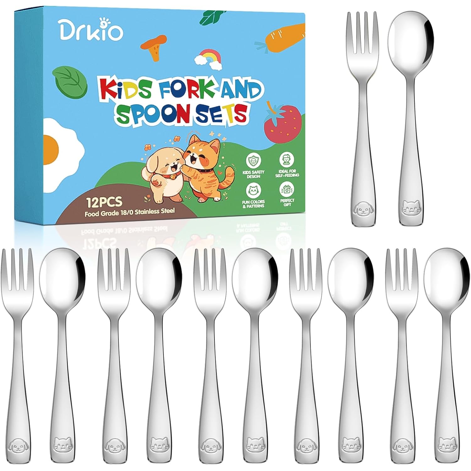 DRKIO Stainless Steel Toddler Utensils Set - 12 Pieces Kids Silverware Set Children Safe Food Grade Small Forks and Spoons Dishwasher Safe Mirror Polished