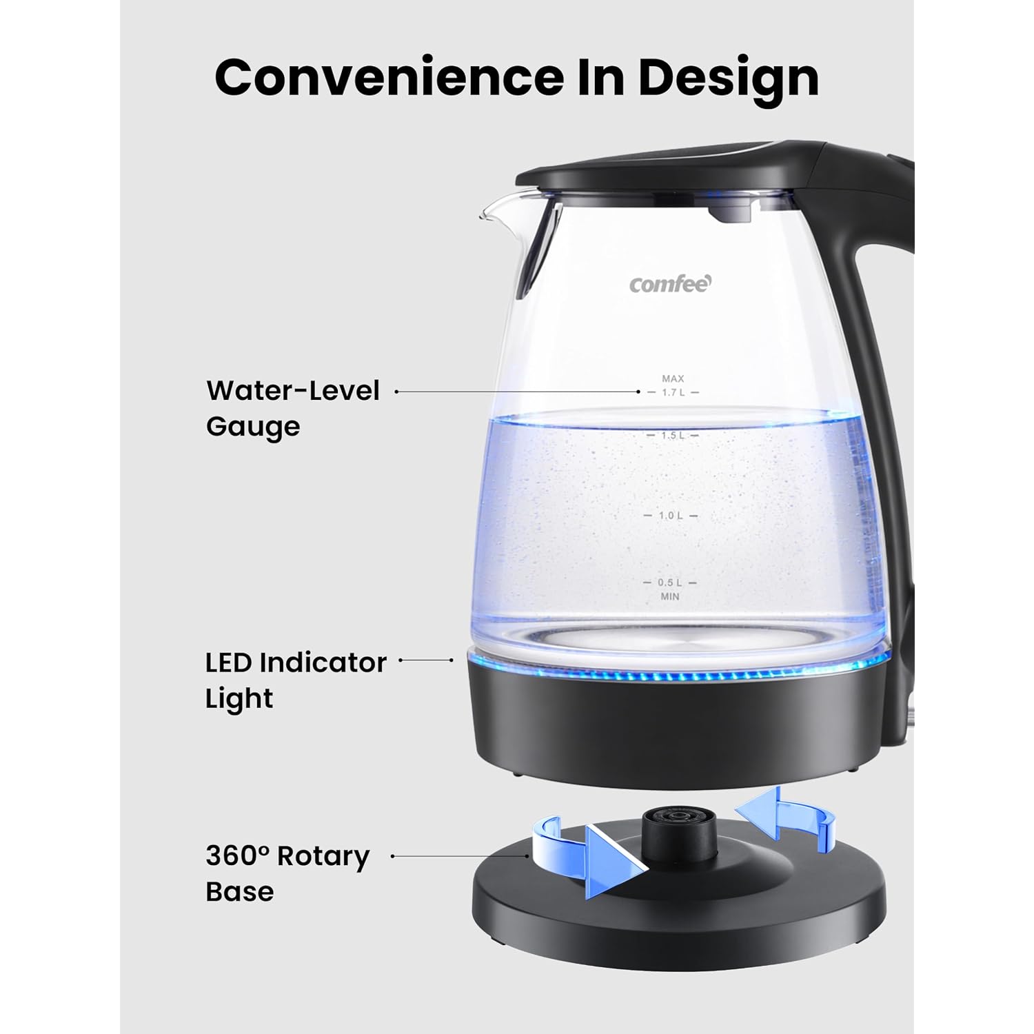 Comfee' Electric Kettle, 1.7L Hot Water Boiler, 1500W Fast Boil, Glass Electric Tea Kettle With Led Indicator, Auto Shut-Off And Boil-Dry Protection, Bpa Free
