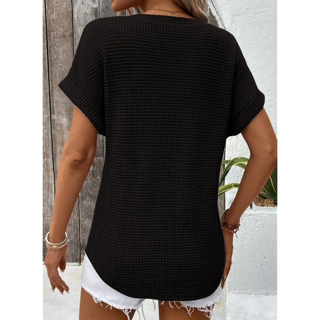 Womens Waffle Knit Tops 2026 Spring Summer V Neck Shirts Casual Trendy Women's Blouses Basic Tee