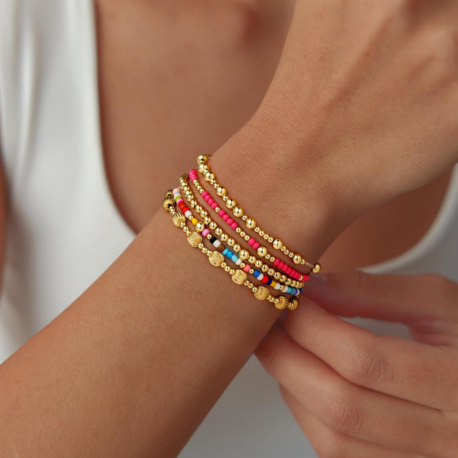 Turandoss Mothers Day Gifts for Mom Daughter - 14K Gold Plated Gold Beaded Bracelets for Women Teen Girls Stackable Turquoise Cross Bead Bracelet Pearl Bracelets Set for Women Mothers Day Gift for Mom