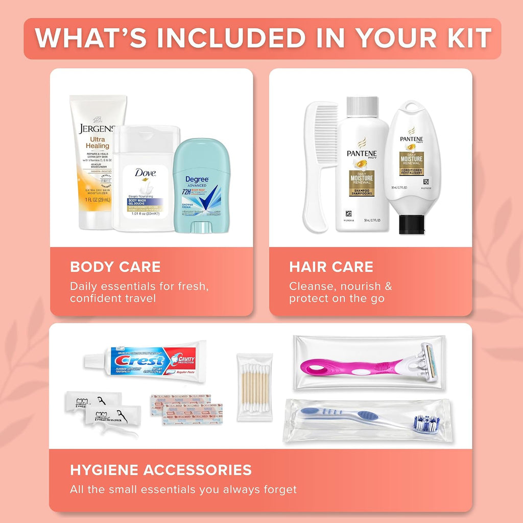 15-Piece Women’S Travel Toiletry Kit – Premium Brand-Name Shampoo, Conditioner, Body Wash, Deodorant & Toothpaste, Tsa Approved Travel Size Set With Clear Bag