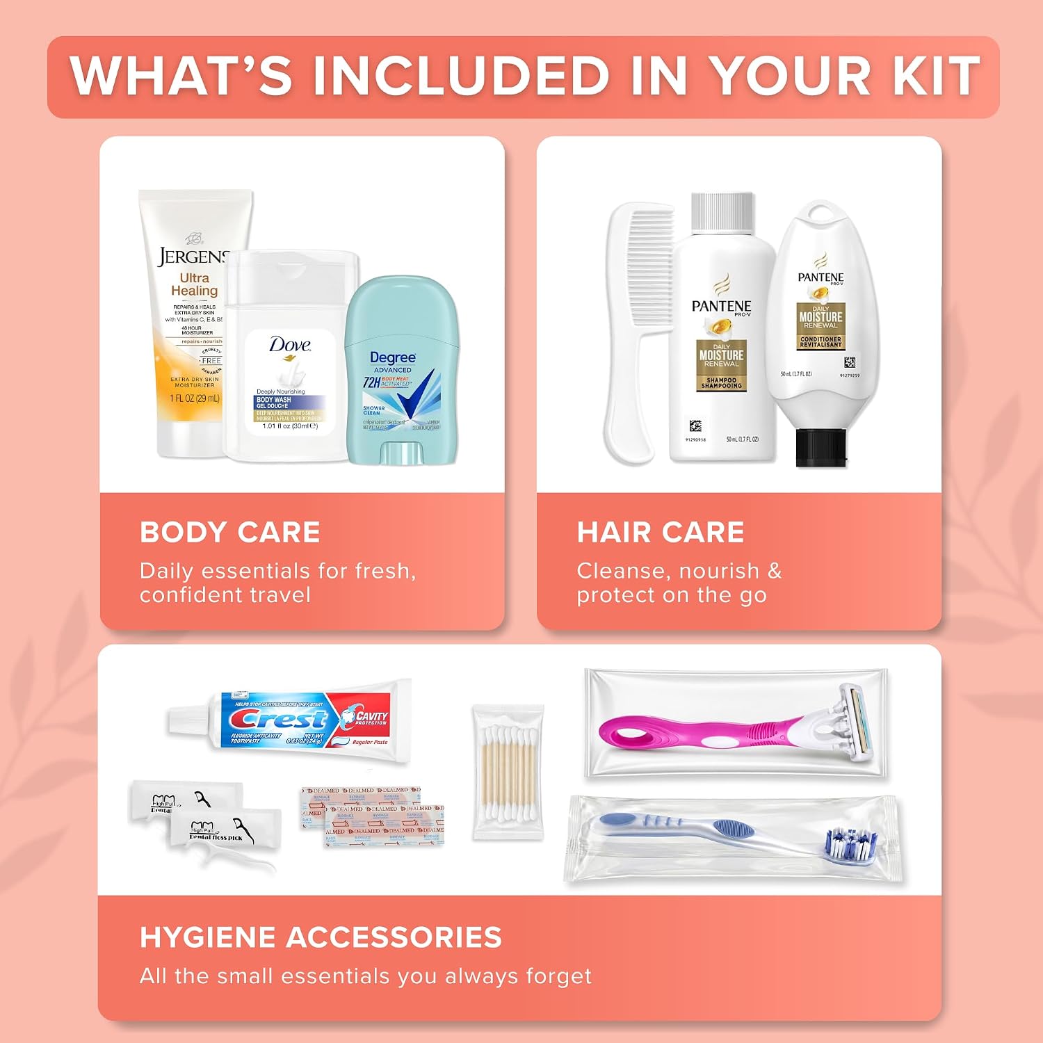 15-Piece Women’S Travel Toiletry Kit – Premium Brand-Name Shampoo, Conditioner, Body Wash, Deodorant & Toothpaste, Tsa Approved Travel Size Set With Clear Bag