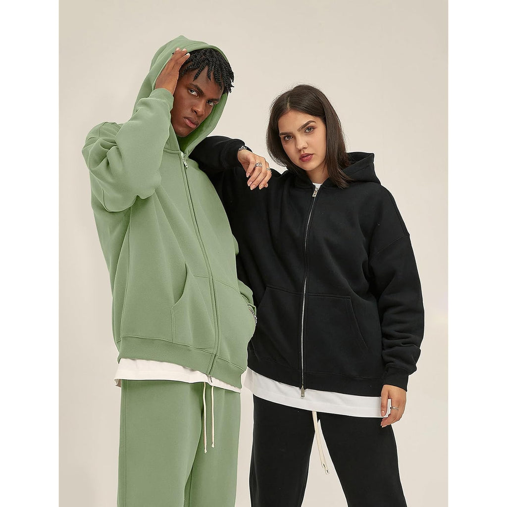 Flygo Mens Zip Up Hoodies Oversized Fleece Long Sleeve Drop Shoulder Hooded Sweatshirt Trendy Vintage Streetwear