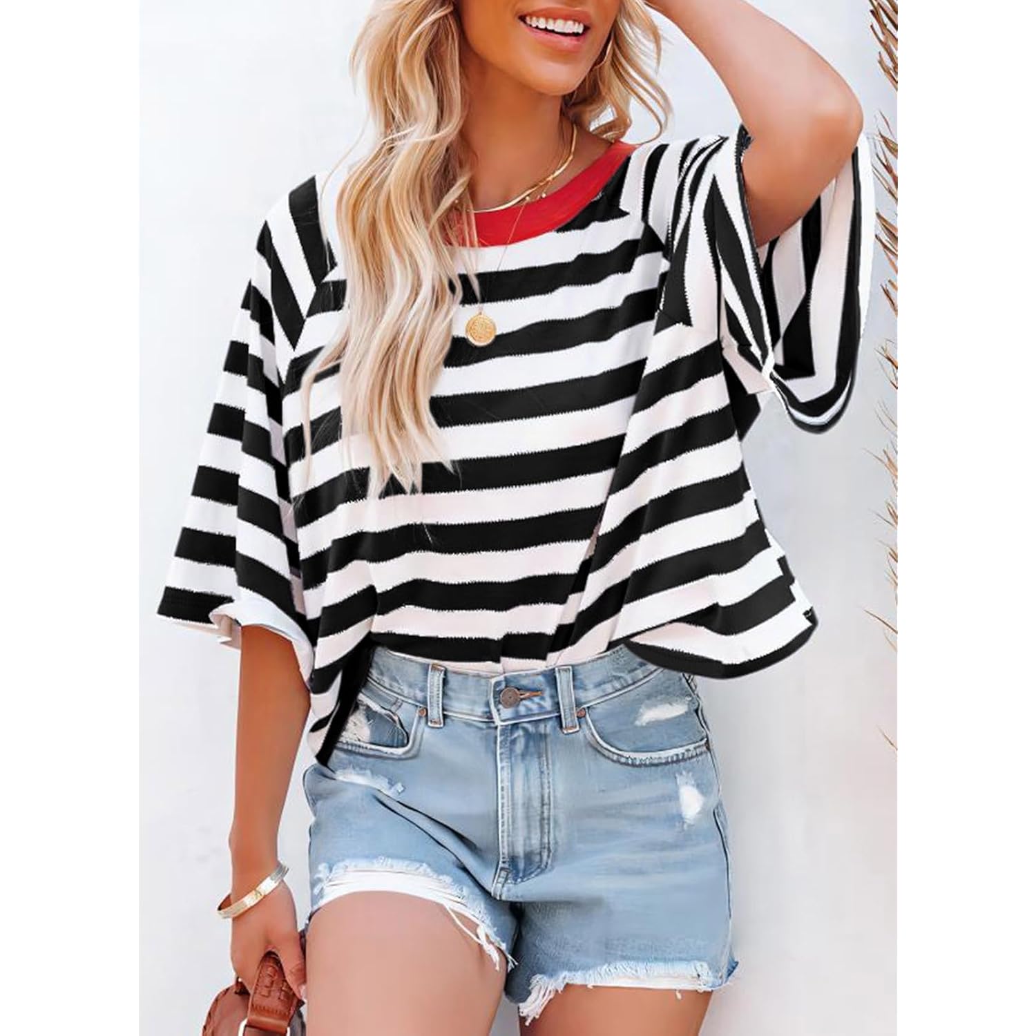 Dokotoo Tops for Women Striped 2026 Fashion T Shirts for Women Color Block Crewneck Design Loose Basic Tee