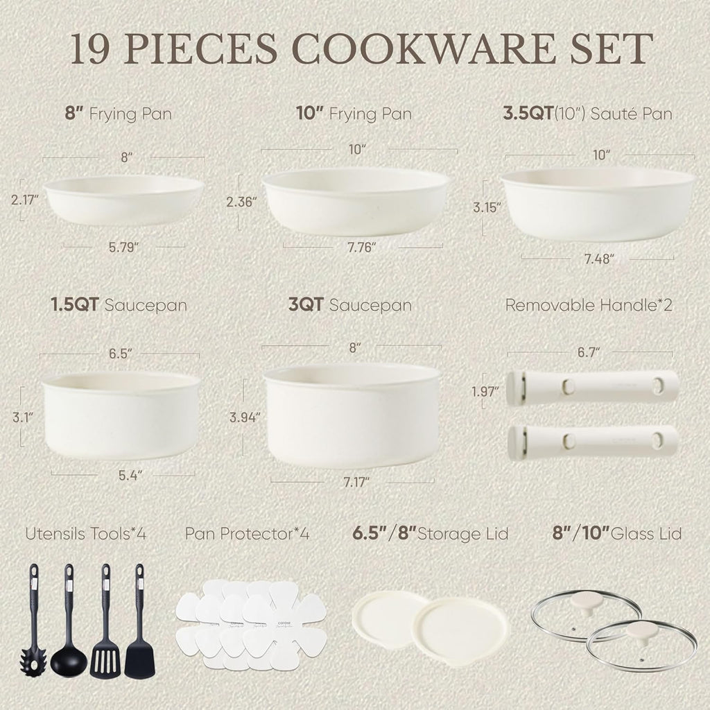 CAROTE 19pcs Pots and Pans Set, Nonstick Cookware Set Detachable Handle, Induction Kitchen Cookware Sets Non Stick with Removable Handle, RV Cookware Set, Oven Safe
