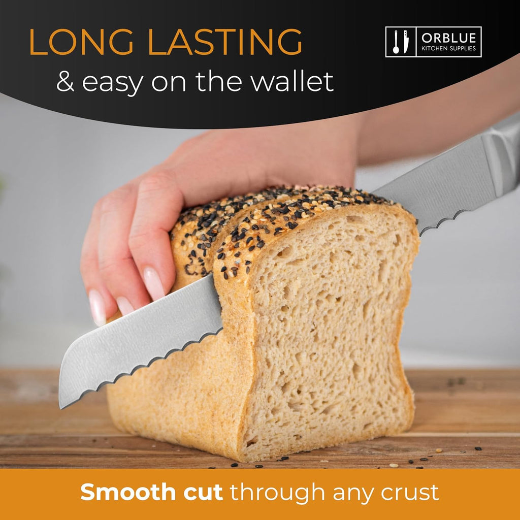 Orblue Serrated Bread Knife with Upgraded Stainless Steel Razor Sharp Wavy Edge - Bread Cutter Ideal for Slicing Homemade Bagels, Cake (8-Inch Blade with 5-Inch Handle)