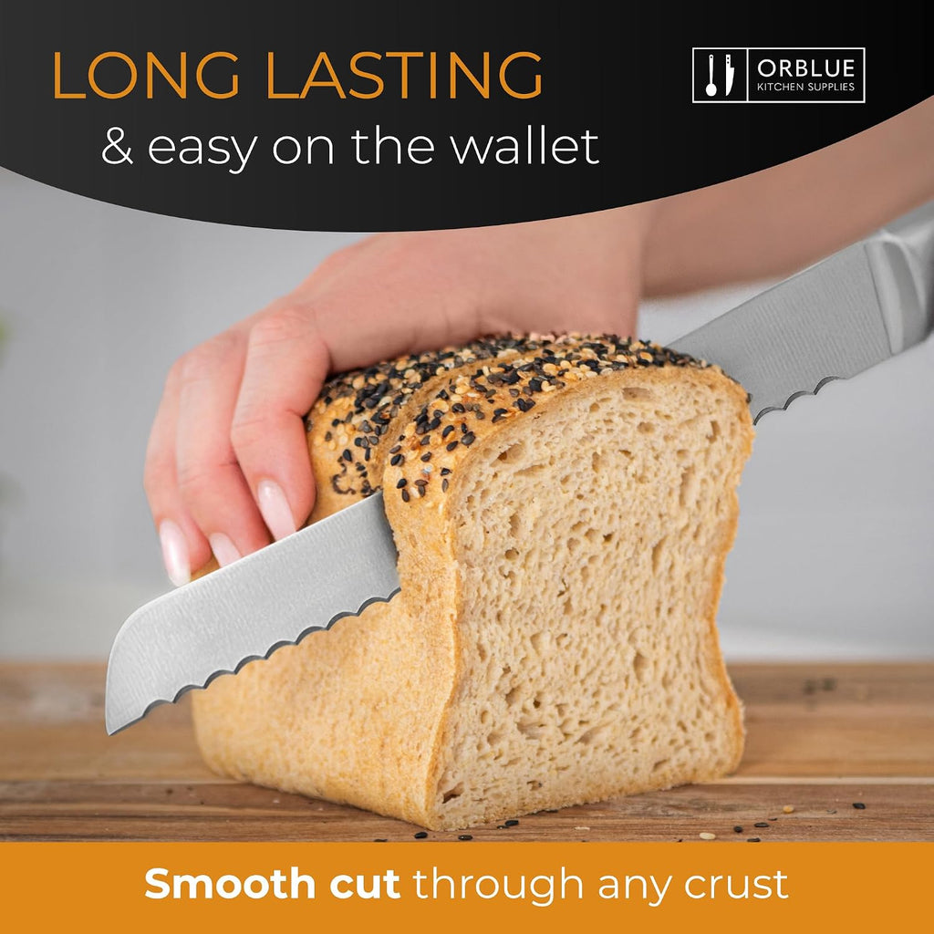 Orblue Serrated Bread Knife With Upgraded Stainless Steel Razor Sharp Wavy Edge - Bread Cutter Ideal For Slicing Homemade Bagels, Cake (8-Inch Blade With 5-Inch Handle)