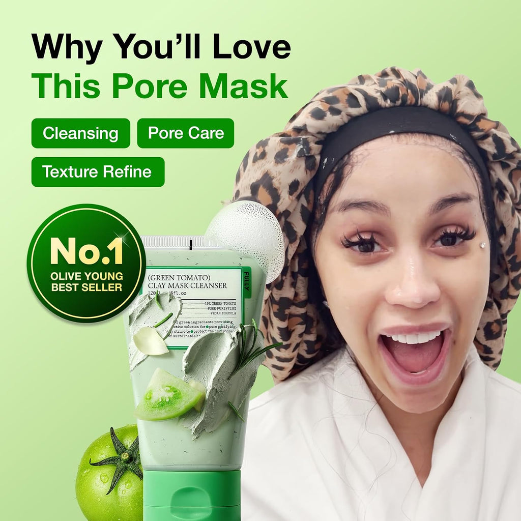 Fully Green Tomato Pore Cleanser, Cardi B’S Clay Mask Cleanser For Deep Pore Cleanse & Pore Minimizer, Blackhead & Sebum Control, Gentle Face Wash For Women, Korean Skincare