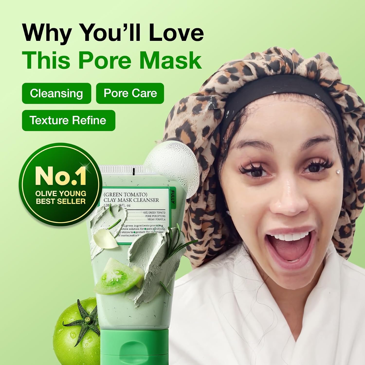 Fully Green Tomato Pore Cleanser, Cardi B’S Clay Mask Cleanser For Deep Pore Cleanse & Pore Minimizer, Blackhead & Sebum Control, Gentle Face Wash For Women, Korean Skincare