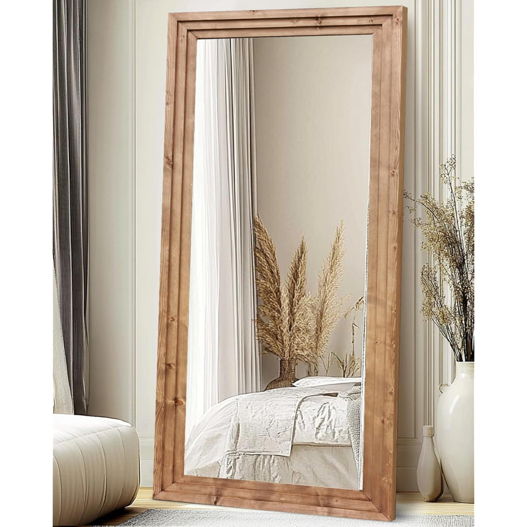 Full Length Mirror 76"X34" Solid Wood Frame Floor Large Mirror For Living Room, Bedroom Hanging Or Leaning Wall-Mounted, Light Brown