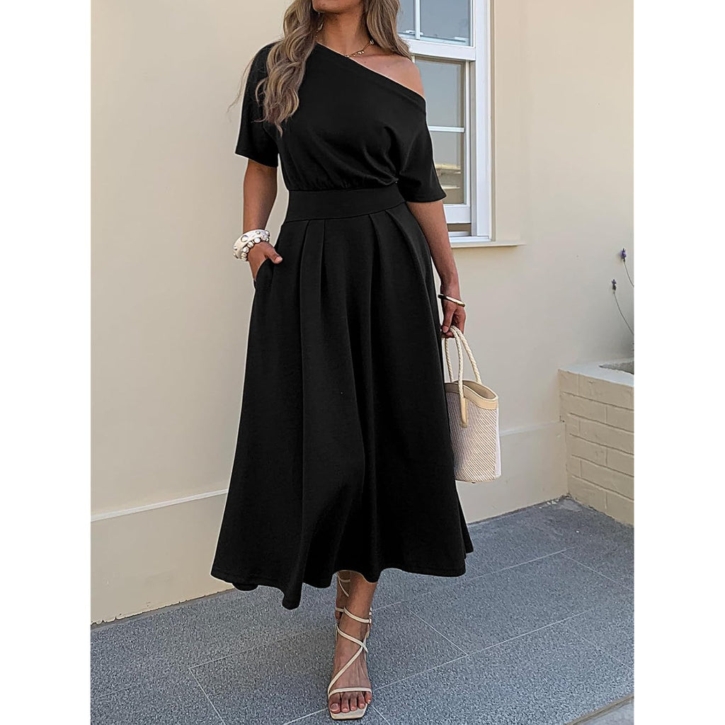 Mieazom Elegant One Shoulder Maxi Dresses For Women Summer Casual Loose Empire Waist Pleated Formal Long Dress With Pockets