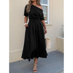 Mieazom Elegant One Shoulder Maxi Dresses For Women Summer Casual Loose Empire Waist Pleated Formal Long Dress With Pockets
