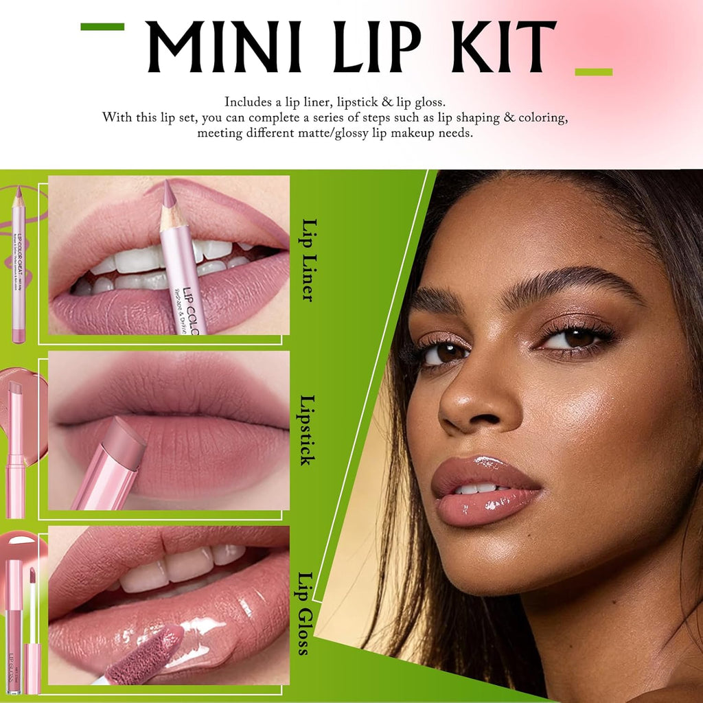 Nude Pink Lip Kit - Matte Lipstick Cream Lip Liner and Gloss Set High Pigment Plumping Lip Pencil Moisturizing Lightweight Liquid Lipstick Smooth Buildable Long Lasting Lip Combo Makeup