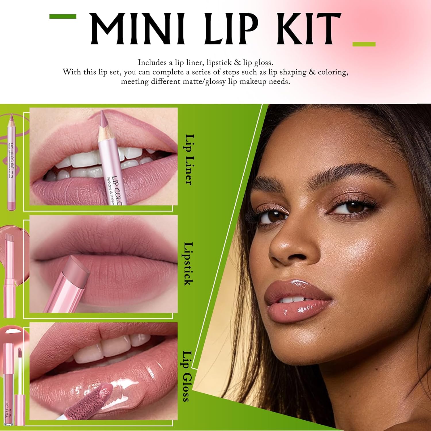 Nude Pink Lip Kit - Matte Lipstick Cream Lip Liner and Gloss Set High Pigment Plumping Lip Pencil Moisturizing Lightweight Liquid Lipstick Smooth Buildable Long Lasting Lip Combo Makeup