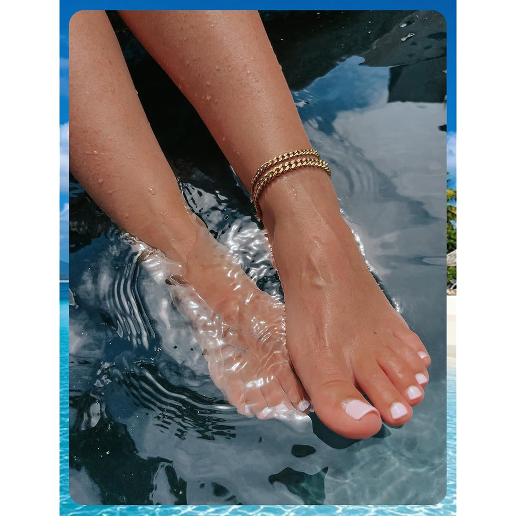 Gold Ankle Bracelets for Women - Waterproof 14K Gold Plated Dainty Cuban Link Chain Anklets, Adjustable Non-Tarnish Layered Anklet Set for Beach Vacation & Everyday Wear, Perfect Jewelry Gift