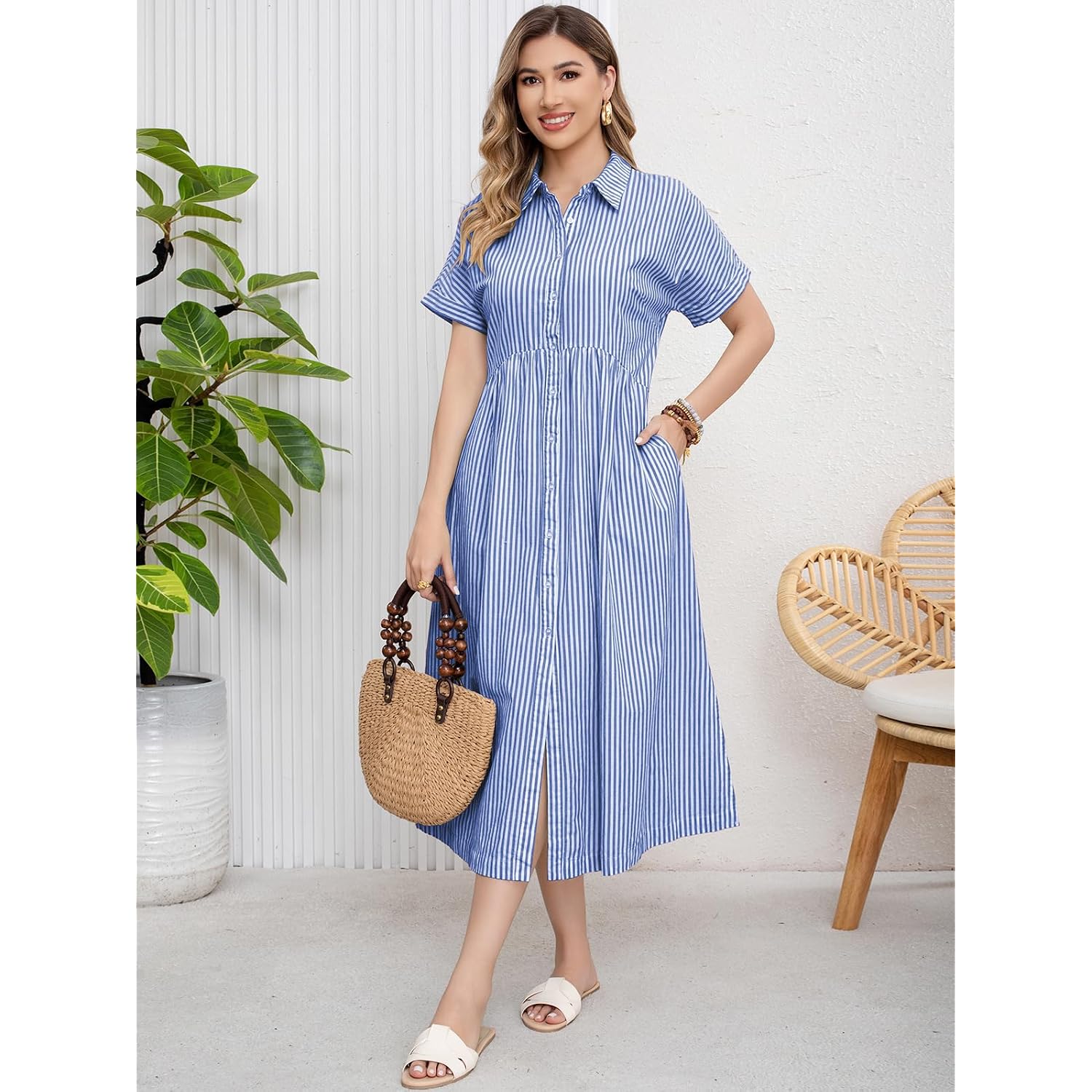 Ebossy Women'S Boho Striped Shirt Dress Button Up Side Slit Loose Mid Long Cotton Dress With Pockets
