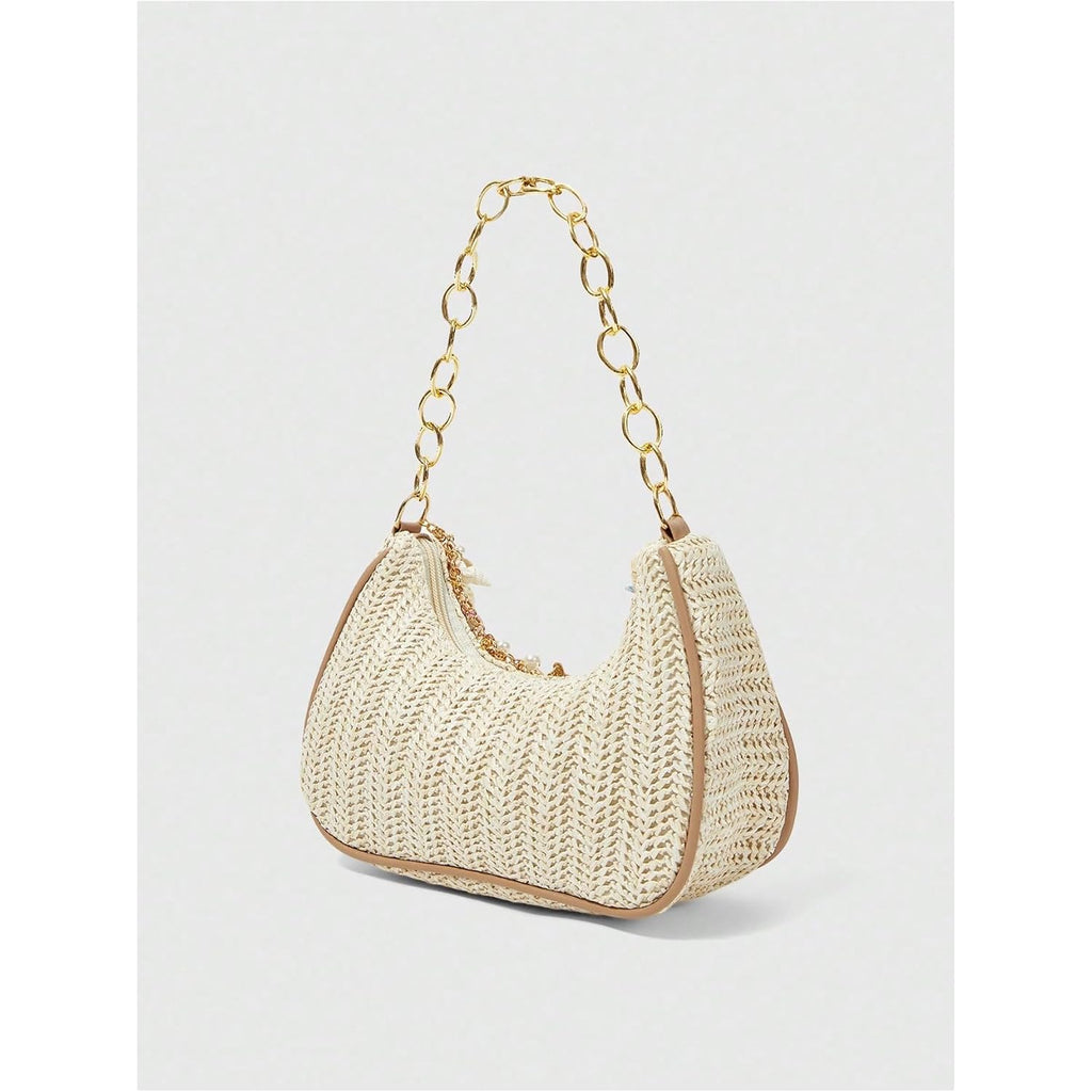 Makemechic Women'S Straw Beach Purse Seashell Beaded Shoulder Handbags Summer Vacation Bags