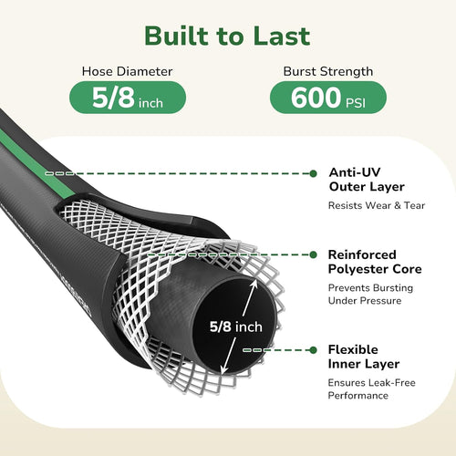 100 Ft Garden Hose, Flexible Rubber Water Hose 5/8", Heavy Duty, Lightweight Hose, Burst 600 Psi With Solid Brass Male To Female Fittings, Leakproof Hose For Backyard, Garden