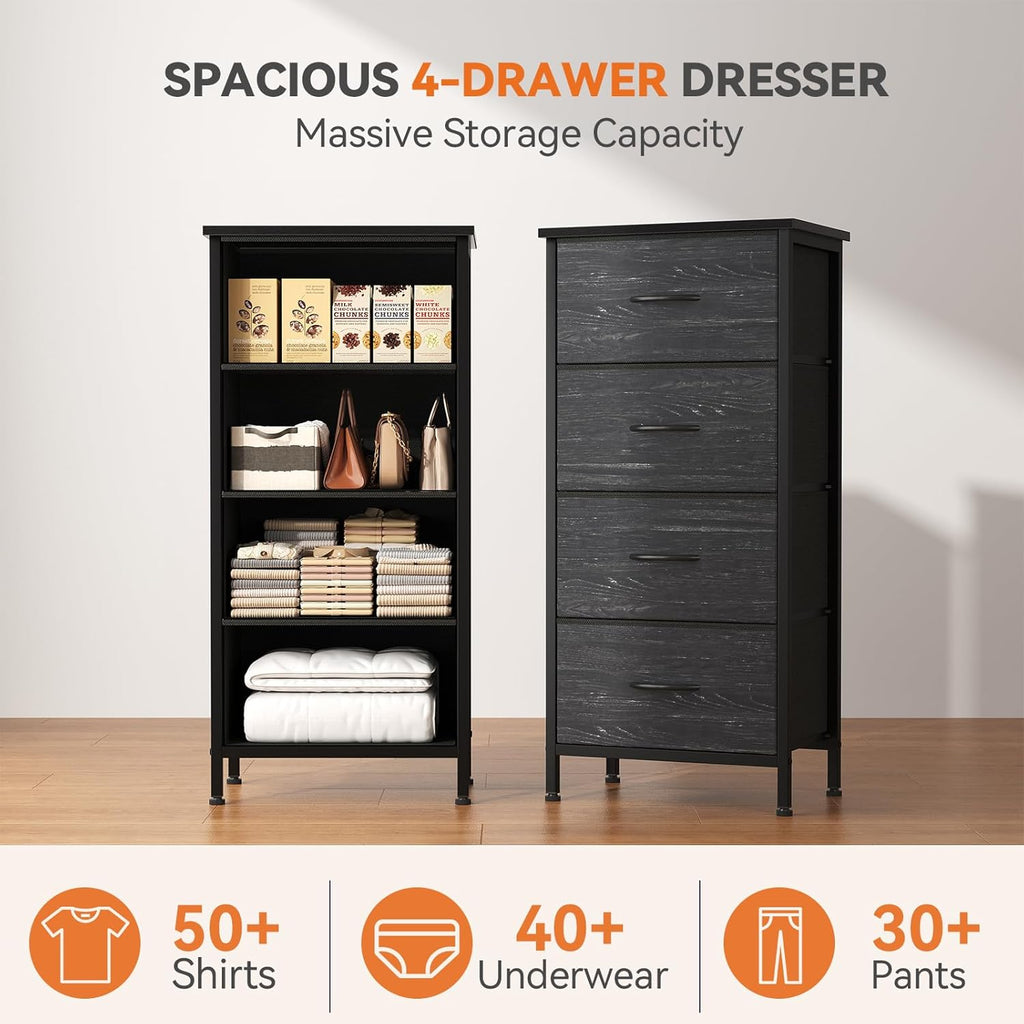 Sweetcrispy Nightstand Small Bedroom Dresser with 4 Fabric Drawers,Bed Side Furniture End Table,Wooden Top Cabinet Night Stand Dresser for Closet,Entryway,Dorm,Black Wood Grain
