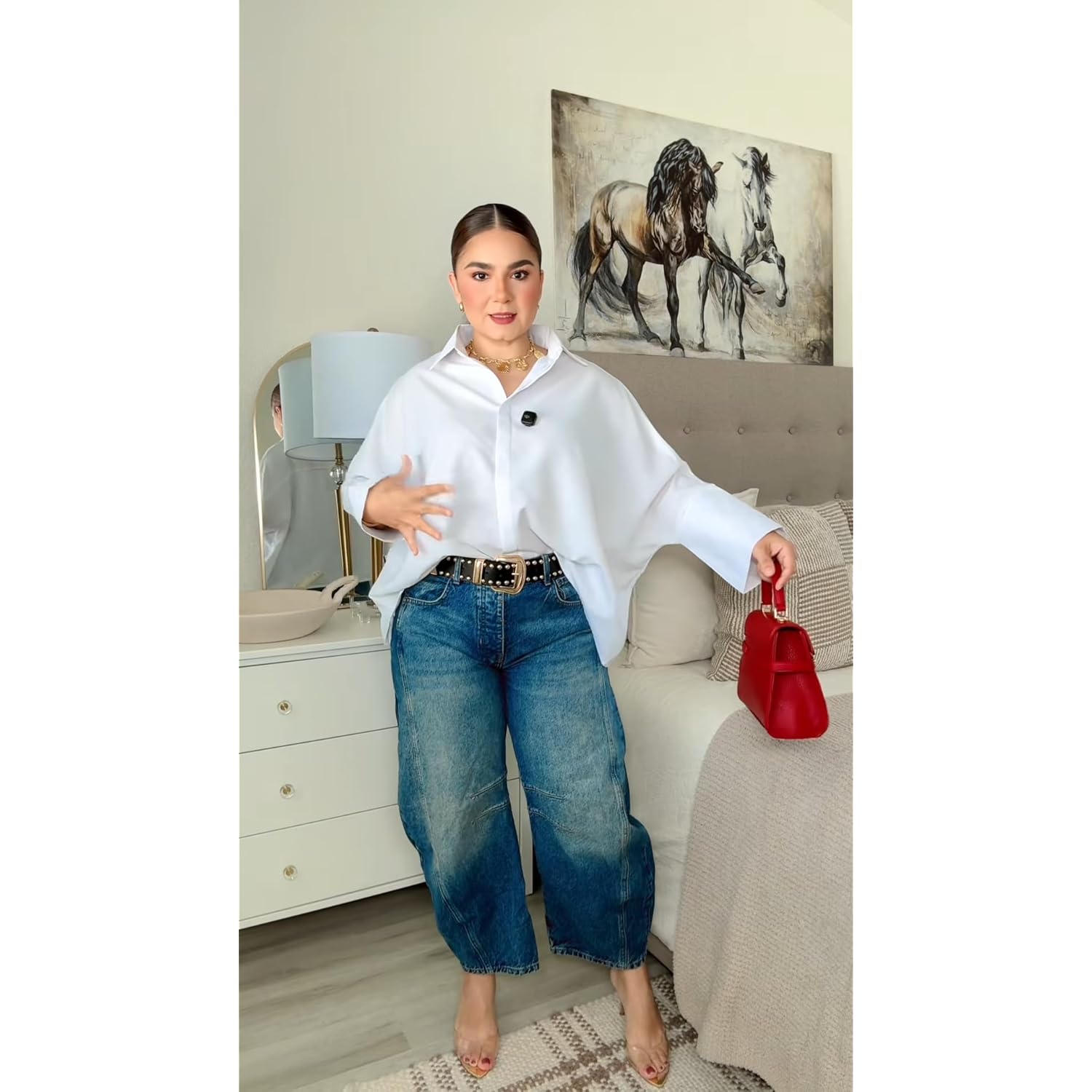 Womens Button Down Shirt Casual 3/4 Sleeve Loose Fit Collared Work Blouse Tops