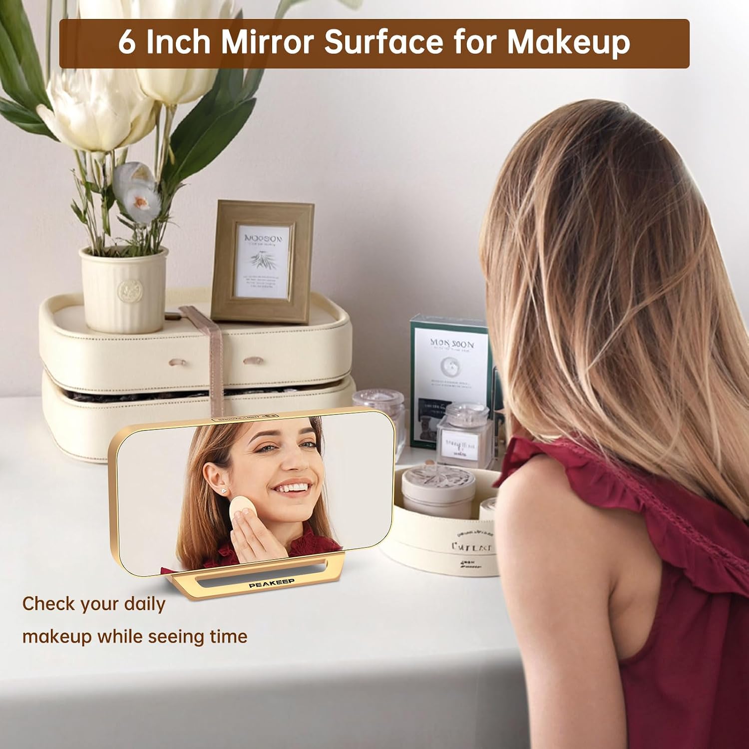 Peakeep Slim Digital Mirror Aesthetic Alarm Clock For Bedrooms Desk Decor | Plug In Electric Big Led Modern Small Clock For Office Living Room, Battery Backup, 6 Dimmers (Gold)