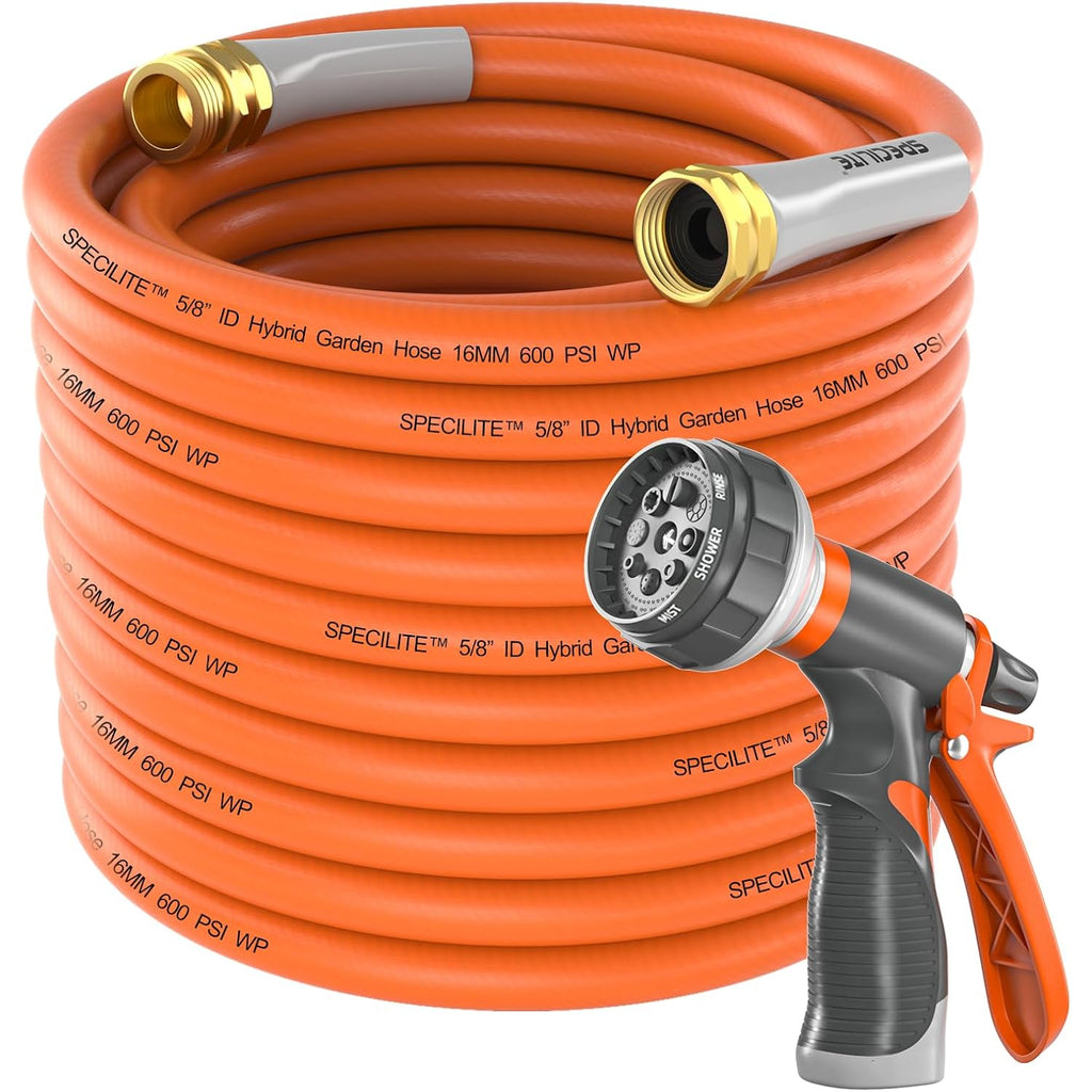 Specilite Garden Hose 50 Ft X 5/8 In Heavy Duty, Flexible And Lightweight Water Hose, Burst 600 Psi, Kink-Less Hybrid Rubber Hose For Backyard, 3/4'' Brass Fittings