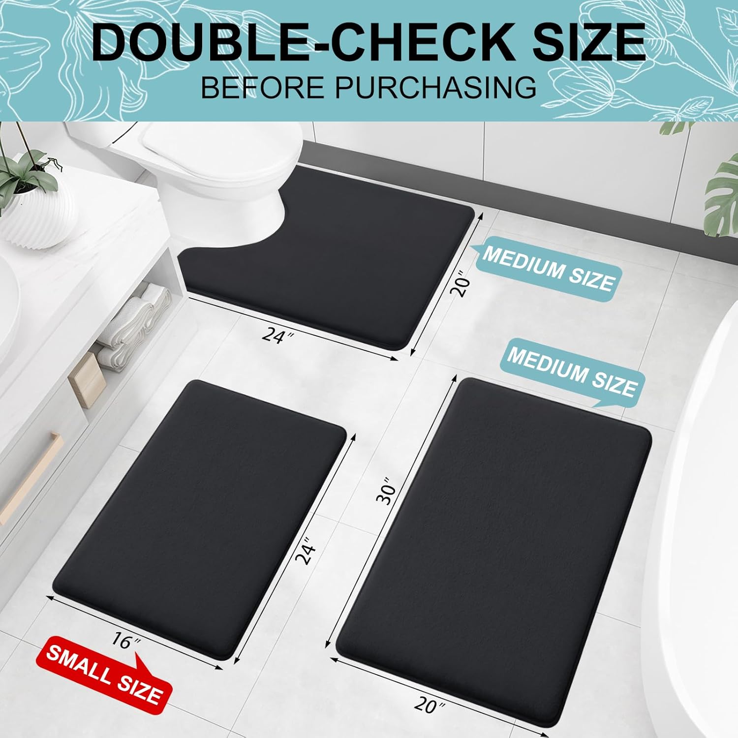 Smiry Memory Foam Bath Mat 30x20, Extra Soft and Absorbent Bathroom Mats, Non Slip Washable Carpet for Floor, Shower and Tub, Black