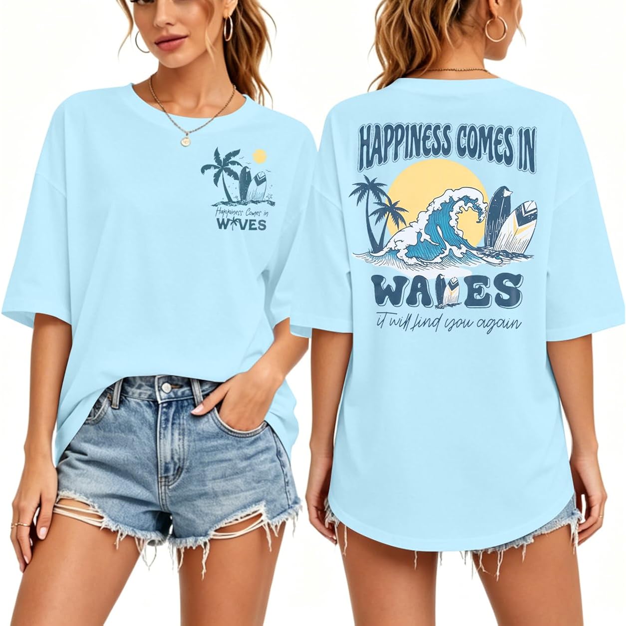 Graphic Tees Women Oversized T-Shirts: Summer Hawaiian Beach Tops Shirts Hawaii Tropical Beachy Short Sleeve Outfit Blue