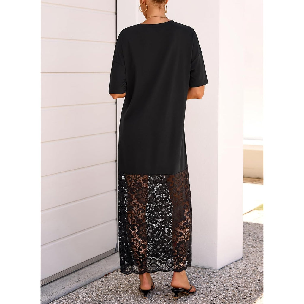 Lolong Womens Short Sleeve Lace Patchwork Maxi Dress Summer 2026 Crew Neck Casual Long Dresses