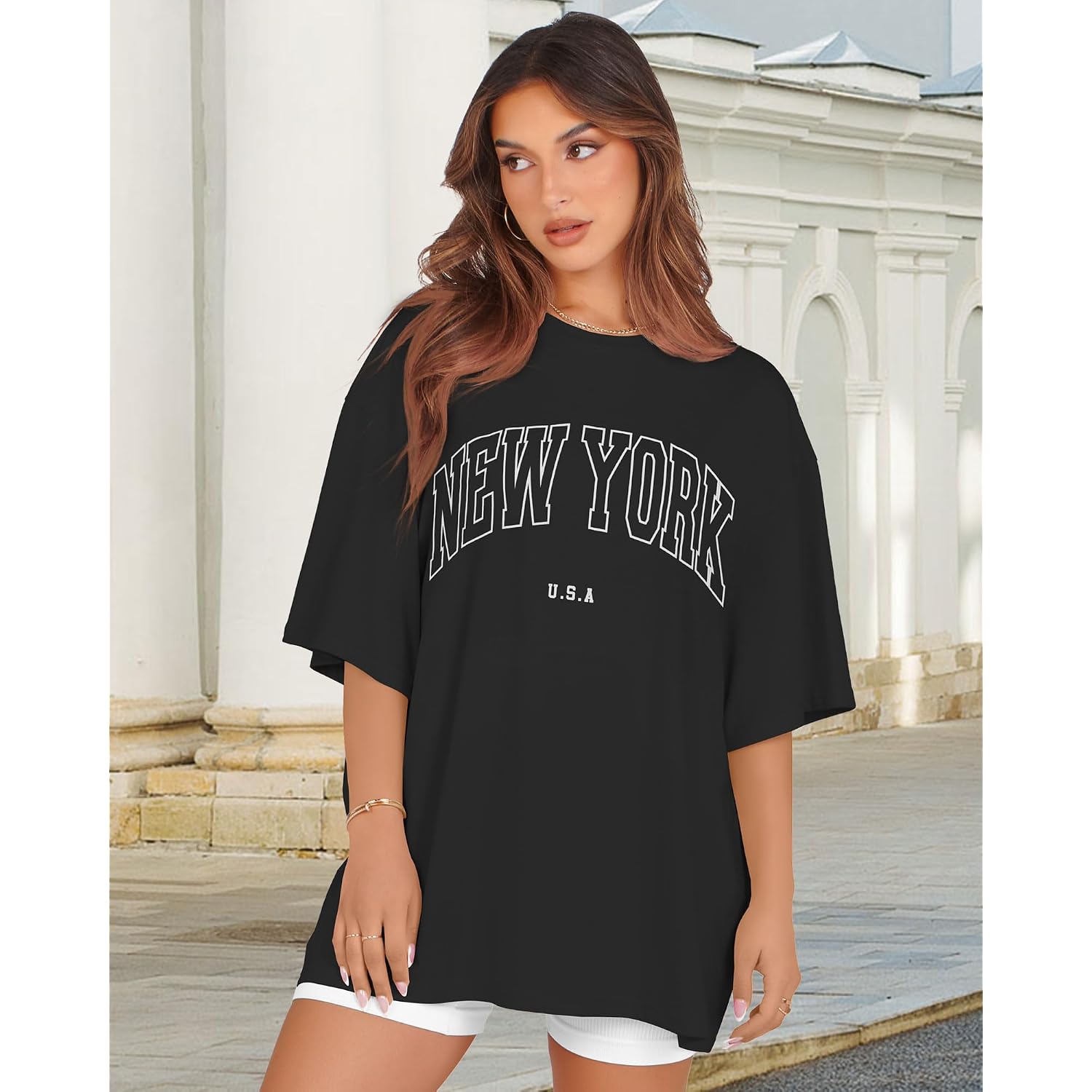 rosemia Oversized Tshirts for Women Summer Short Sleeve Round Neck Graphic Tee Shirt Black New York