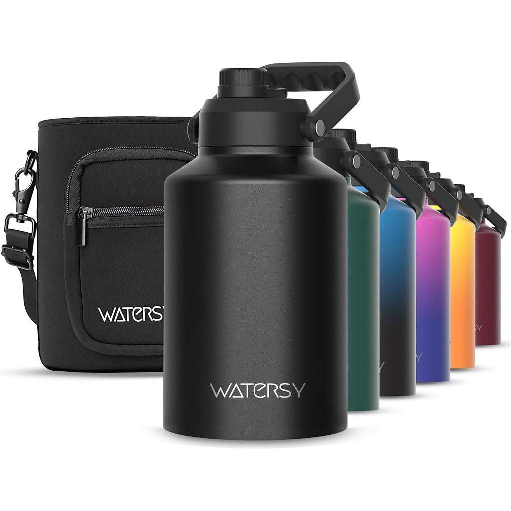 Watersy 1 Gallon Water Bottle Insulated(Cold For 48 Hrs),Bpa Free&Leak Proof,128Oz Stainless Steel Water Jug With Handle For Gym,Hiking,Camping&Travel,Black Large Thermo