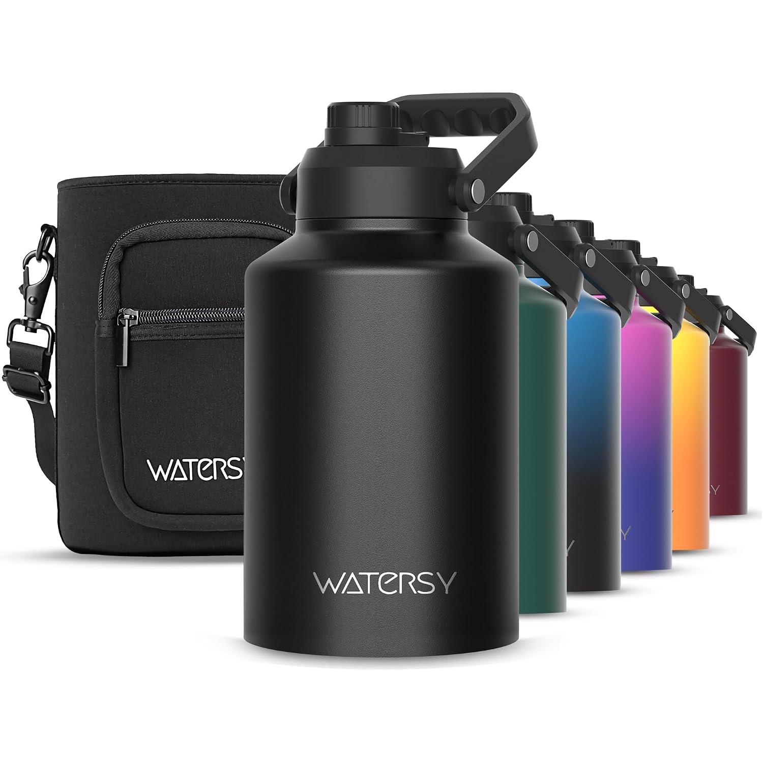 Watersy 1 Gallon Water Bottle Insulated(Cold For 48 Hrs),Bpa Free&Leak Proof,128Oz Stainless Steel Water Jug With Handle For Gym,Hiking,Camping&Travel,Black Large Thermo