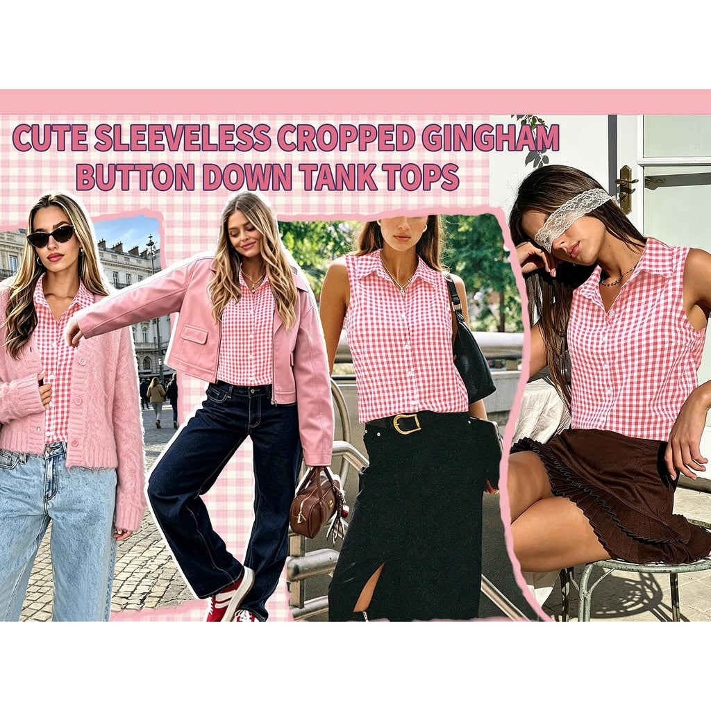 Women Cotton Gingham Button Down Shirts Slim Fit Sleeveless Blouses Plaid Tops Summer Clothes Fashion Outfits