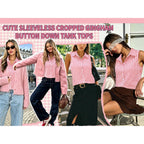 Women Cotton Gingham Button Down Shirts Slim Fit Sleeveless Blouses Plaid Tops Summer Clothes Fashion Outfits