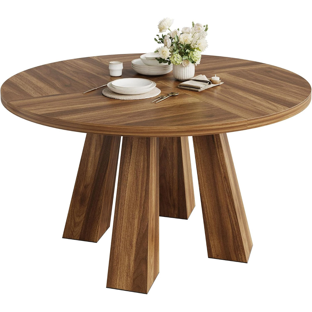 Idealhouse 47" Round Dining Table For 4-6, Farmhouse Wood Kitchen Table | Accent Furniture With Wooden Tabletop & 4 Sturdy Legs, Circle Dinner Table For Dining Room, Living Room, Walnut