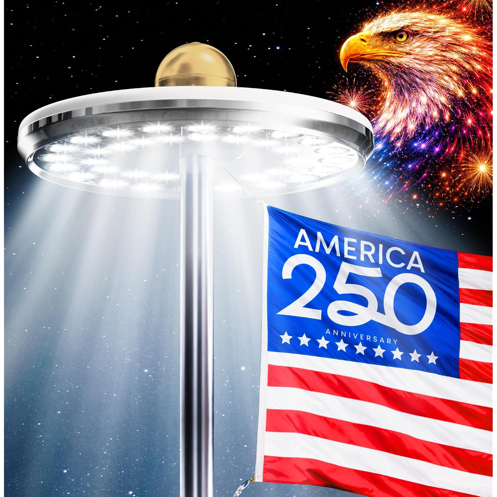 Deluxe Solar Powered Flagpole Light, Silver | Dusk To Dawn 12+ Hours, 26 Led, 1300 Lumen, Waterproof, 100% Coverage