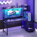 Casaottima 48 Inch Gaming Desk With Hutch & 3 Fabric Drawers, Computer Desk With Usb Ports & Led Lights, Reversible Pc Gamer Table With Monitor Stand For Home Office, Carbon Fiber Black