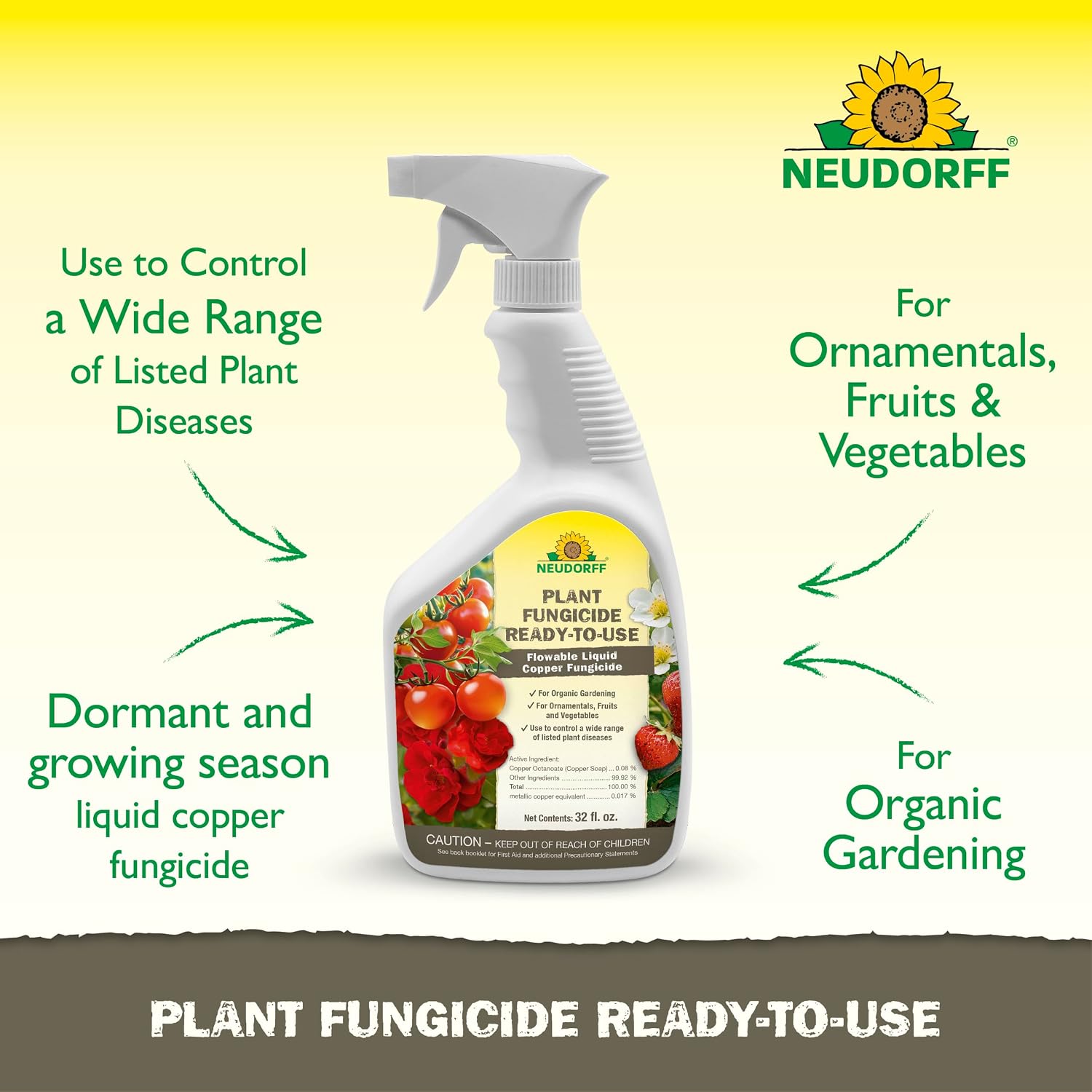 Neudorff Plant Fungicide Spray, Copper Soap Fungicide For Roses, Fruits & Vegetables Control Powdery Mildew And Other Diseases And Fungus For Organic Gardening, Ready-To-Use (Rtu (32 Oz))