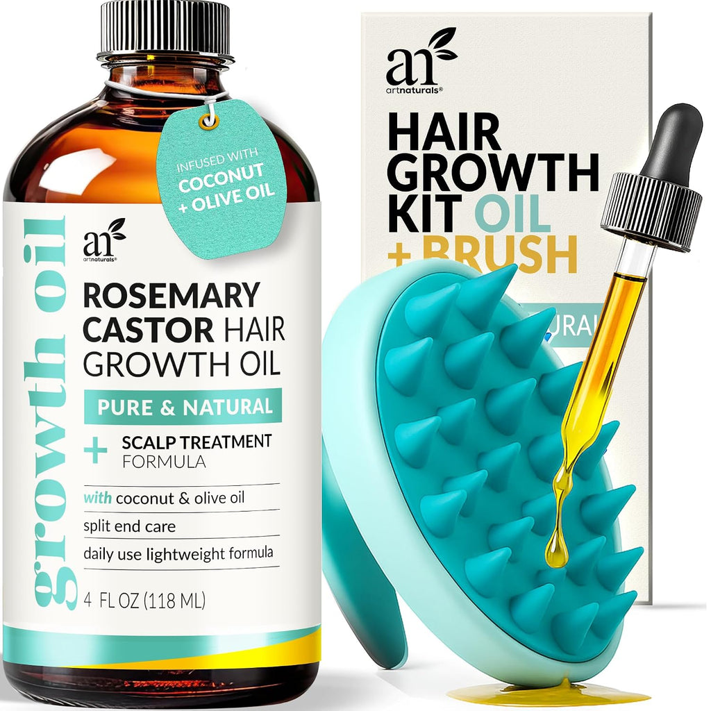 Artnaturals Organic Rosemary Castor Hair Growth Tonic Oil + Massager Hair Regrowth Set, 4 Oz With Coconut & Olive Oil, Scalp Treatment For Dry, Damaged & Split Ends