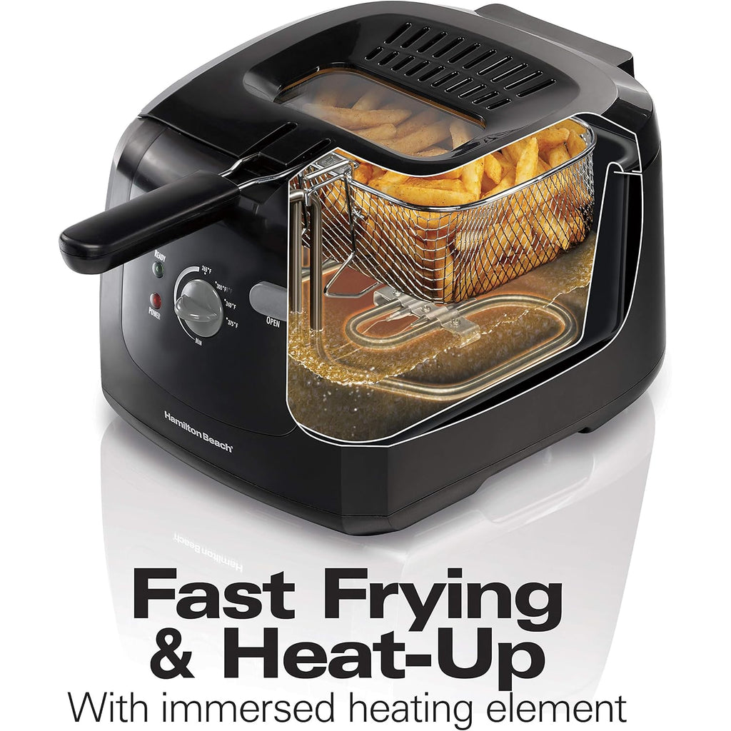 Hamilton Beach Cool Touch Electric Deep Fryer With Basket For Home Use | 2 Liter / 8 Cup Oil Capacity | 1500 Watts | Cool-Touch Sides | Lid With View Window | Adjustable Temperature | Black | 35021