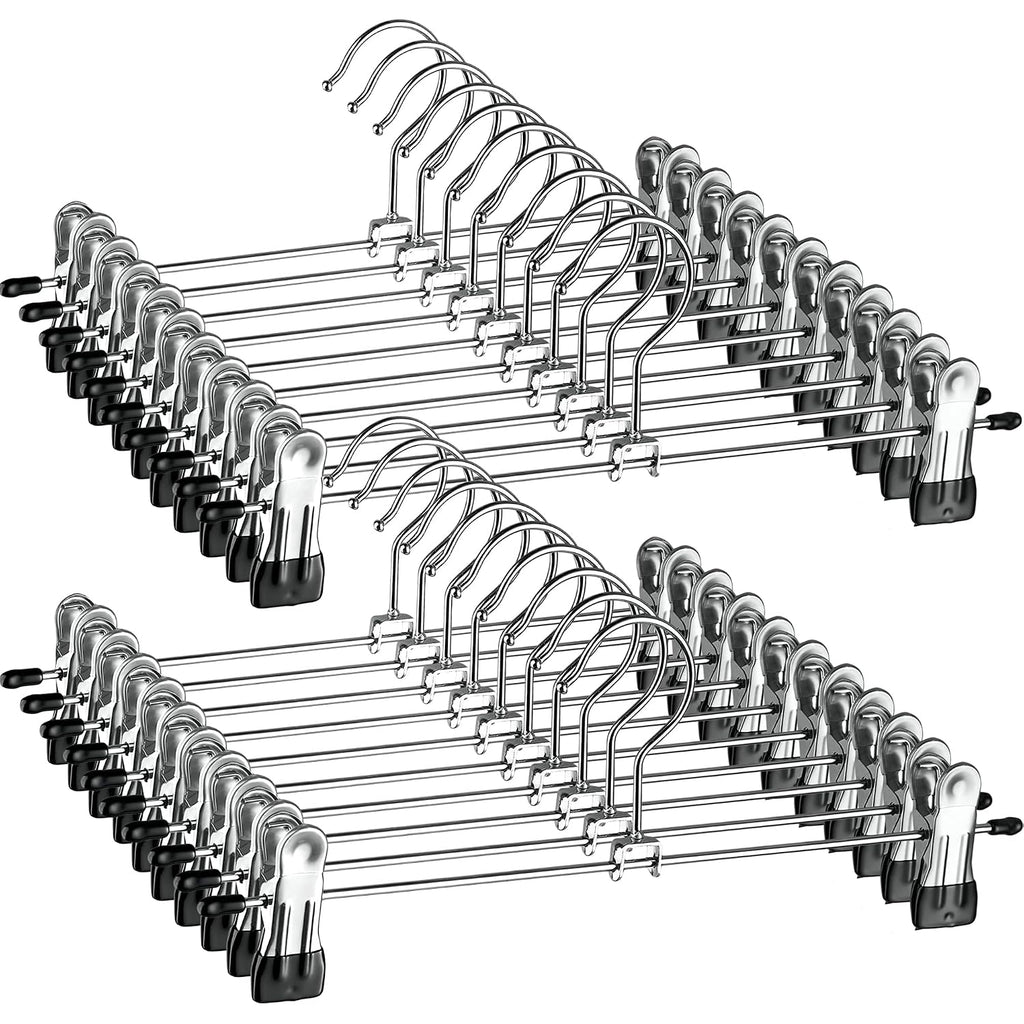 Zober Metal Pants Hangers With Clips - Pack Of 20 Space Saving Skirt Hangers For Women - Chrome, Non-Slip, Adjustable Clips, For Pants, Skirts, Jeans Closet Organization, College Dorm Essentials