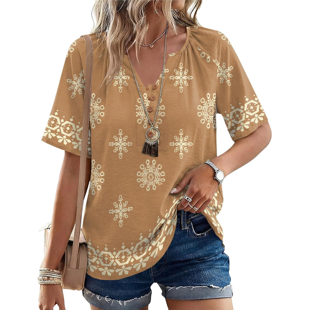 Rapbin Womens Summer Boho Tops Casual Short Sleeve Blouses Button Down Shirts 2026 Beach Vacation Clothes