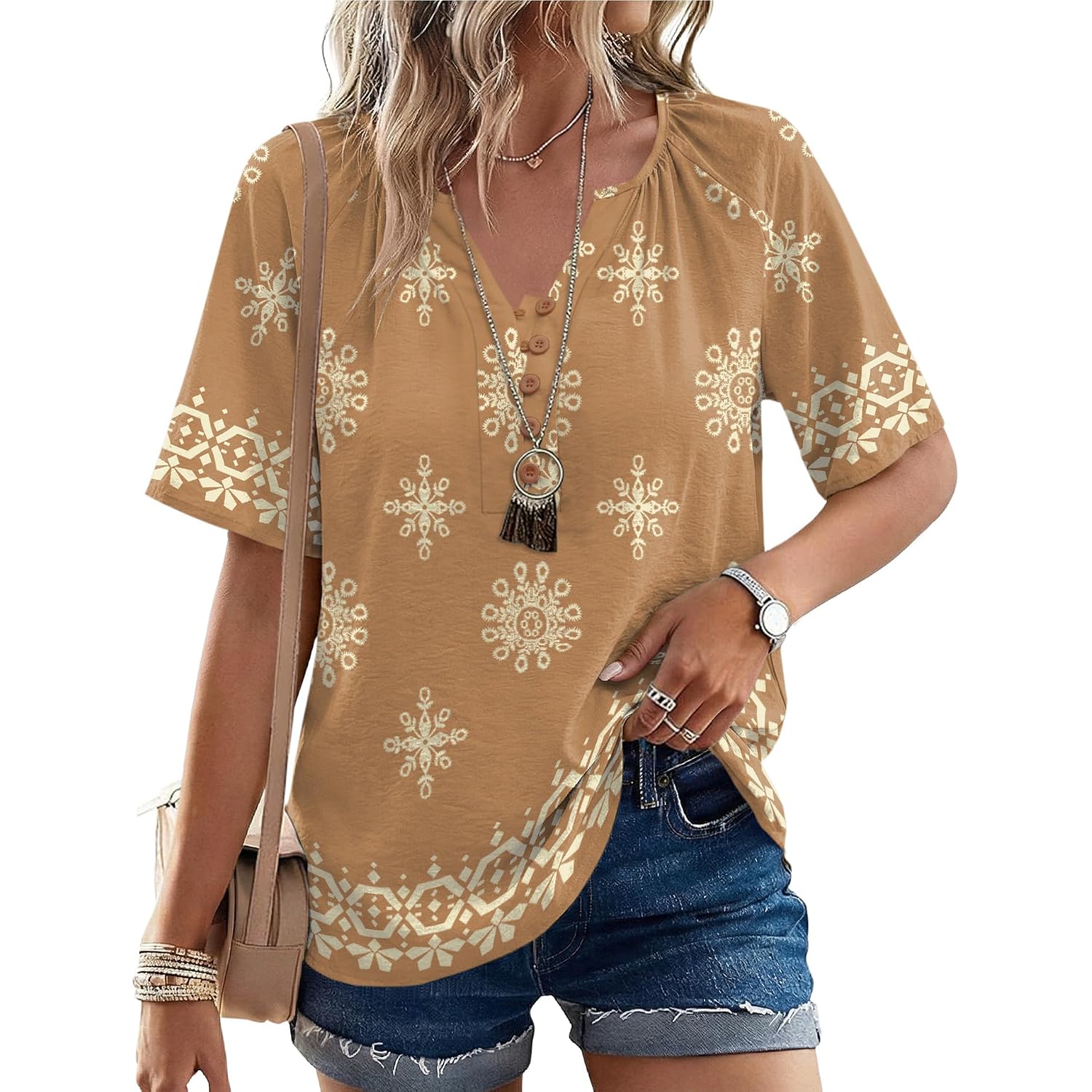 Rapbin Womens Summer Boho Tops Casual Short Sleeve Blouses Button Down Shirts 2026 Beach Vacation Clothes